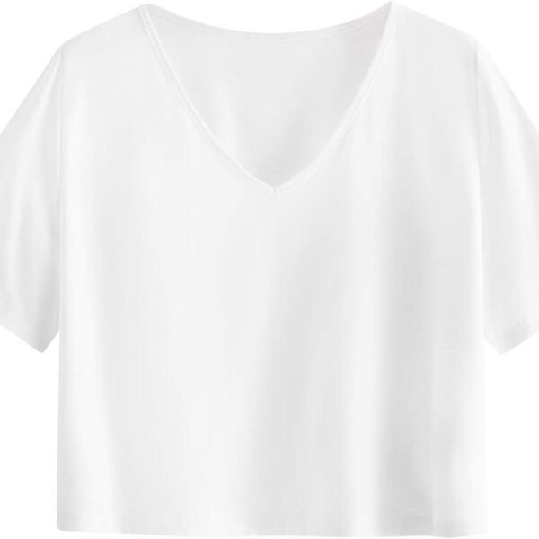 Women's Casual V Neck Short Sleeve Soild Basic Crop Top T-Shirt