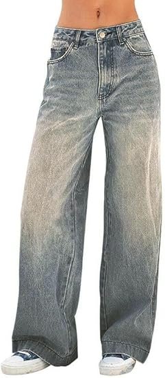 Women's 2025 Wide Leg Jeans Distress Mid Waist Denim Pants Vintage Y2K Trousers