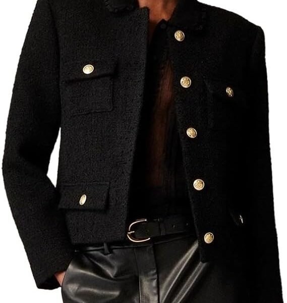 Womens Cropped Tweed Jackets Collarless Button Down Business Blazer Casual Outfits with Pockets