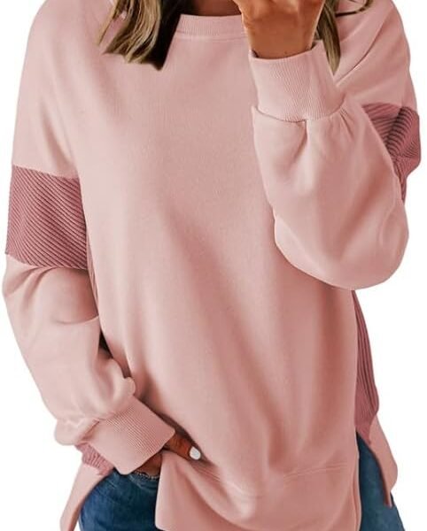 Women's Casual Oversized Sweatshirt Crew Neck Color Block Loose Pullover Tops Side Slit
