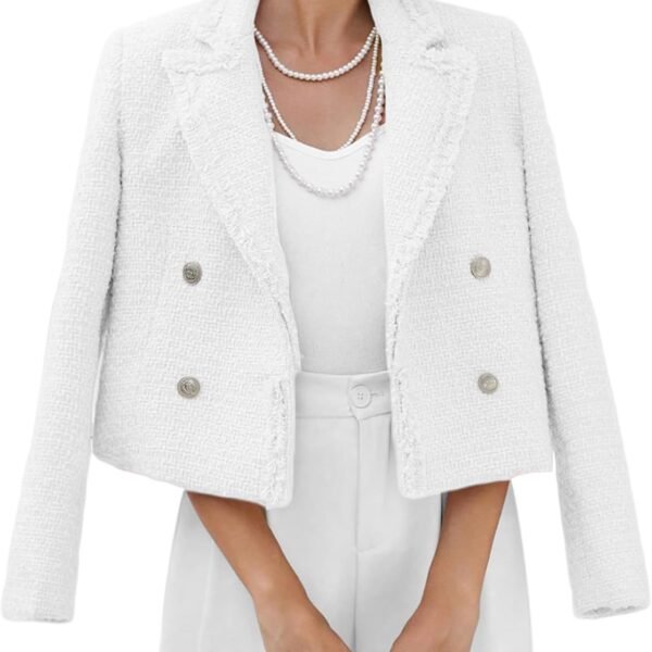 2025 Women's Spring Tweed Blazer Fashion Warm Fully-Lined Elegant Trendy Casual Double-Breasted Jacket with Pockets