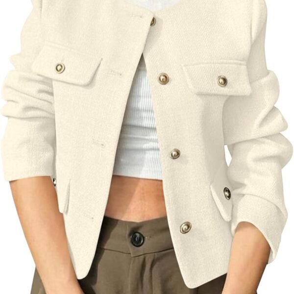 Womens Cropped Tweed Blazer Jackets Collarless Button Down Business Casual Outfits with Pockets