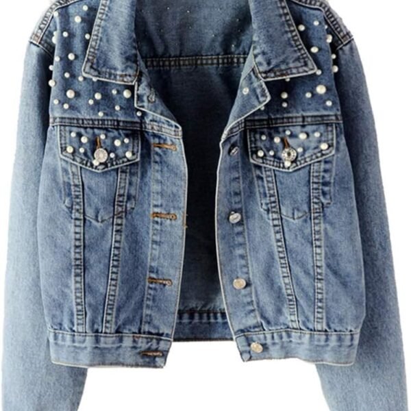 Women Oversized Denim Jacket Embroidered Pearls Beading Jeans Coat