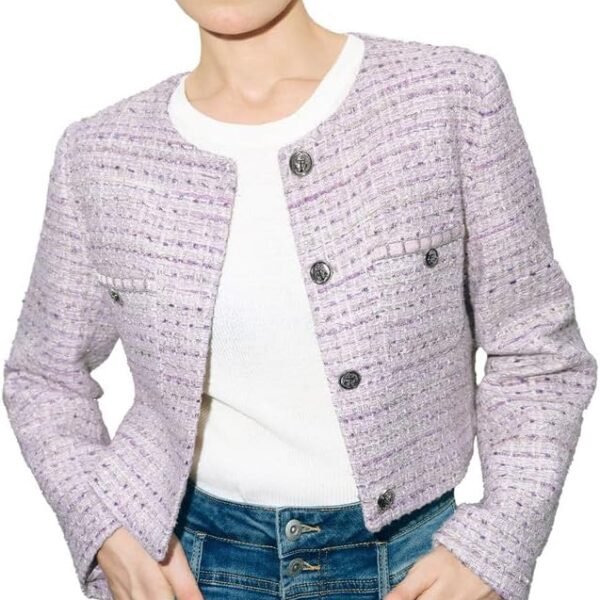 Women's Long Sleeve Cropped Tweed Jacket with Pocket Button Slim Fit Work Office Short Tweed Blazer