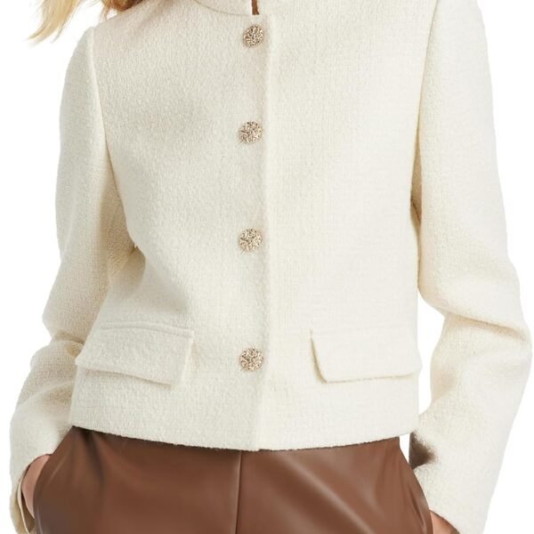 Tweed Cropped Blazer Jacket for Women Open Front Long Sve Slim Fit Business Casual Blazer