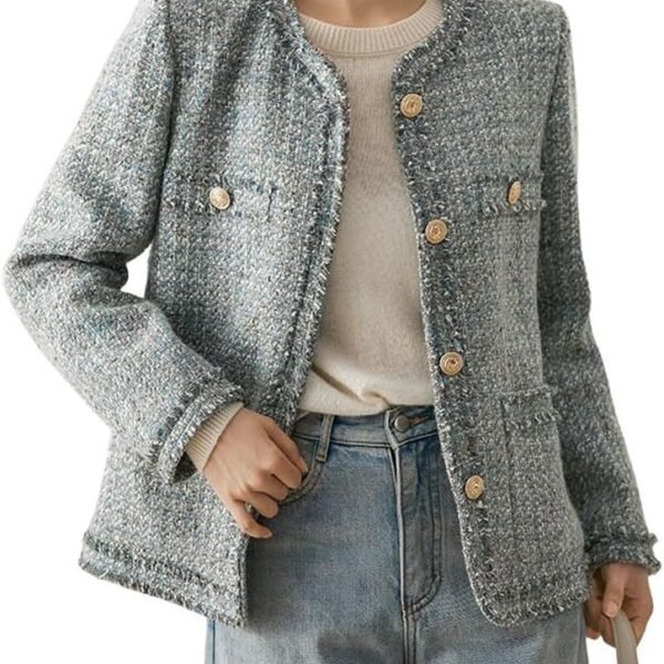 Women's Elegant Houndstooth Tweed Jacket Button Down Fringed Tassel Blazer Jacket Coat