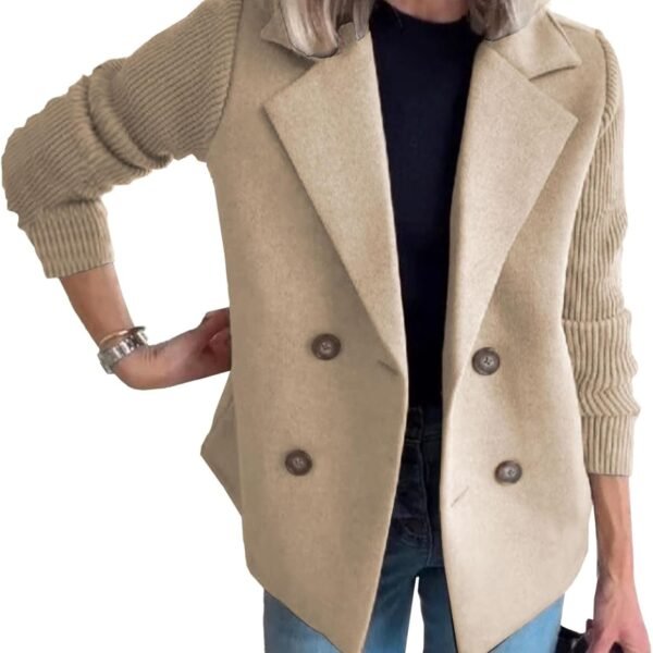 Women's Lapel Button Knitted Patchwork Sleeve Casual Coat Cropped Sweater Blazer Patchwork Jacket Business Work Coats