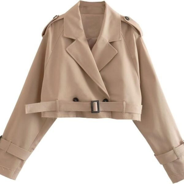 Womens Cropped Bike Jacket Casual Double Breasted Trench Coat with Belt