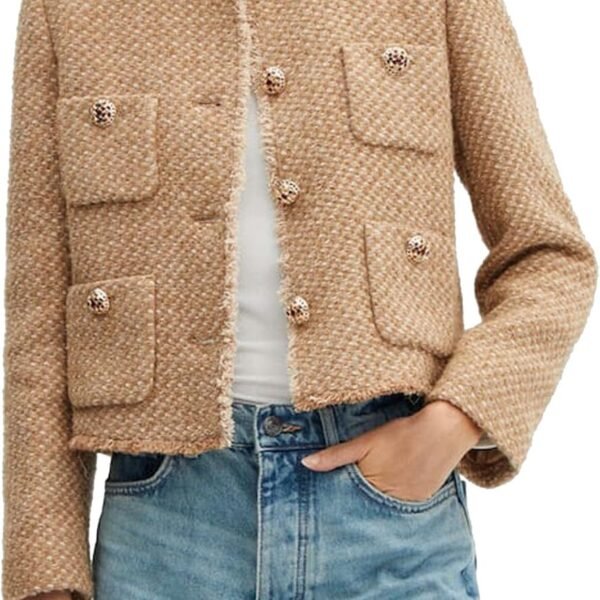 Cropped Tweed Blazer Jackets for Women Elegant Collarless Long Sve Button Down Work Office Blazer Jacket