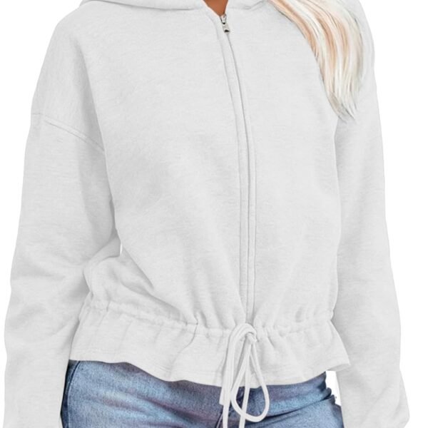 Women's Drawstring Waist Full Zip Hoodies Long Sleeve Cropped Casual Sweatshirts Jacket Lightweight Hooded Cardigan