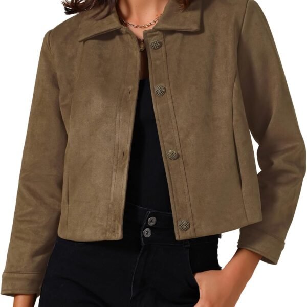 Womens Faux Suede Cropped Jacket Collar Long Sleeve Button Down Short Jackets Coat