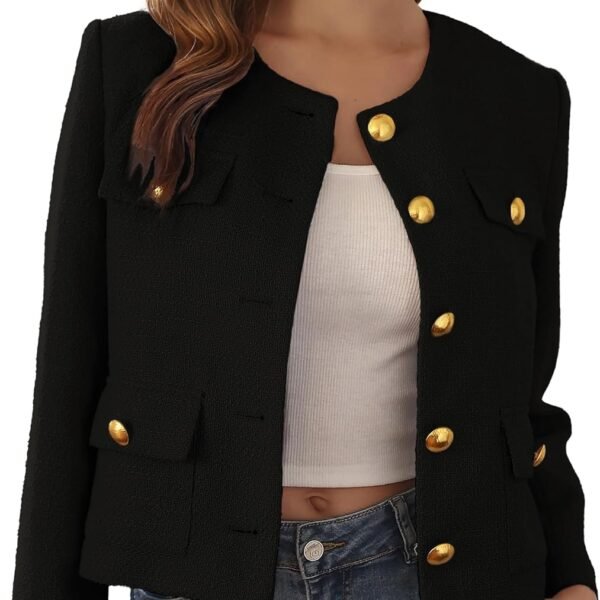 2025 Women Tweed Jacket Cropped Blazers Fall Winter Elegant Round Neck Pockets Business Casual Outfit
