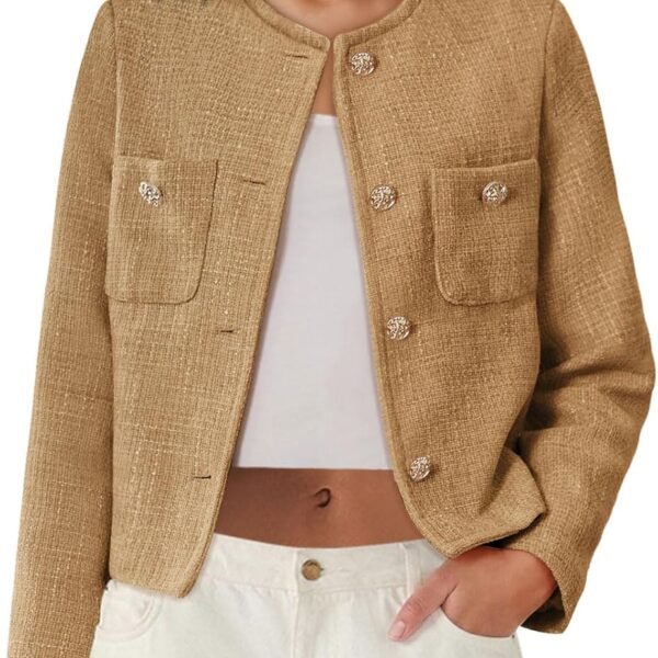 Women's Tweed Blazers Long Sleeve Business Button Down Casual Cropped Blazer Jackets with Pockets