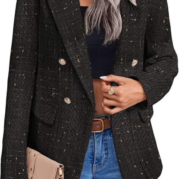 2025 Fall Winter Women's Tweed Blazer Jacket-Plaid Fully Lined Fashion Business Casual Lapel Elegant Coat Pockets