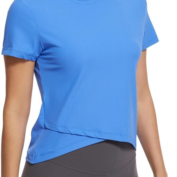 Cross Hem Workout Shirts for Women Short Sleeve Yoga Athletic Tees Ribbed Seamless Sports Breathable Tops