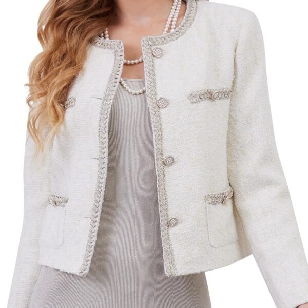 Womens Tweed Cardigan Blazer Jacket, Cropped Long Sleeve Blazers with Pockets Crewneck Open Front Collarless