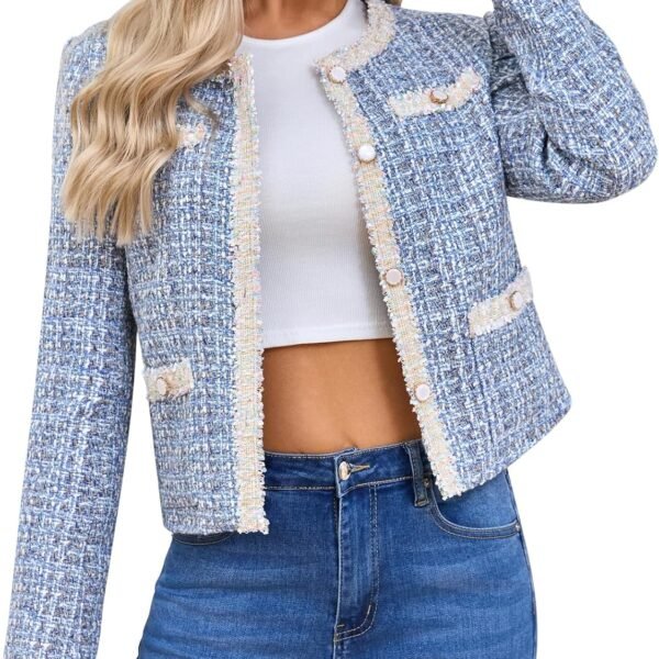 Women's Tweed Blazers Cropped Long Sve Crewneck Open Front Lace Trim Lightweight Plaid Work Blazer Jackets