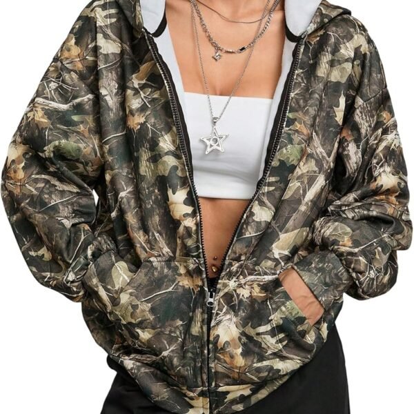 Women's Y2k Camo Oversized Hoodie Vintage Zip Up Drop Shoulder Streetwear Sweatshirts with Pockets